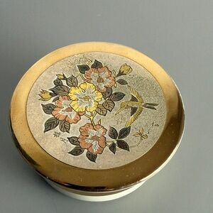 Vintage Chokin Japan 3.5” Round Porcelain Art Trinket Box Flowers 24K Gold Trim